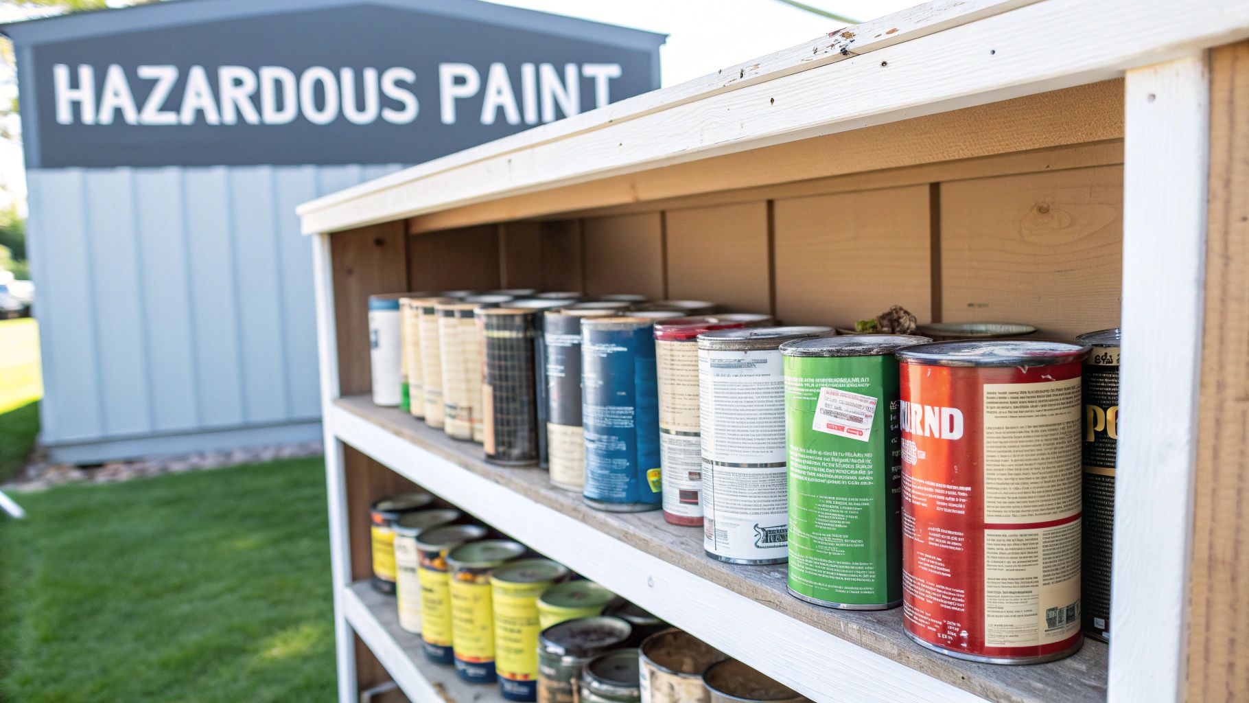 Shelves filled with various old paint cans in front of a building labeled 'HAZARDOUS PAINT'.
