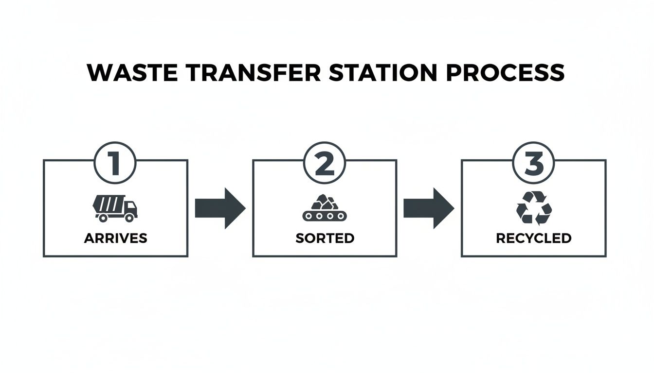 Infographic illustrating the three-step waste transfer station process from arrival to sorting and recycling.