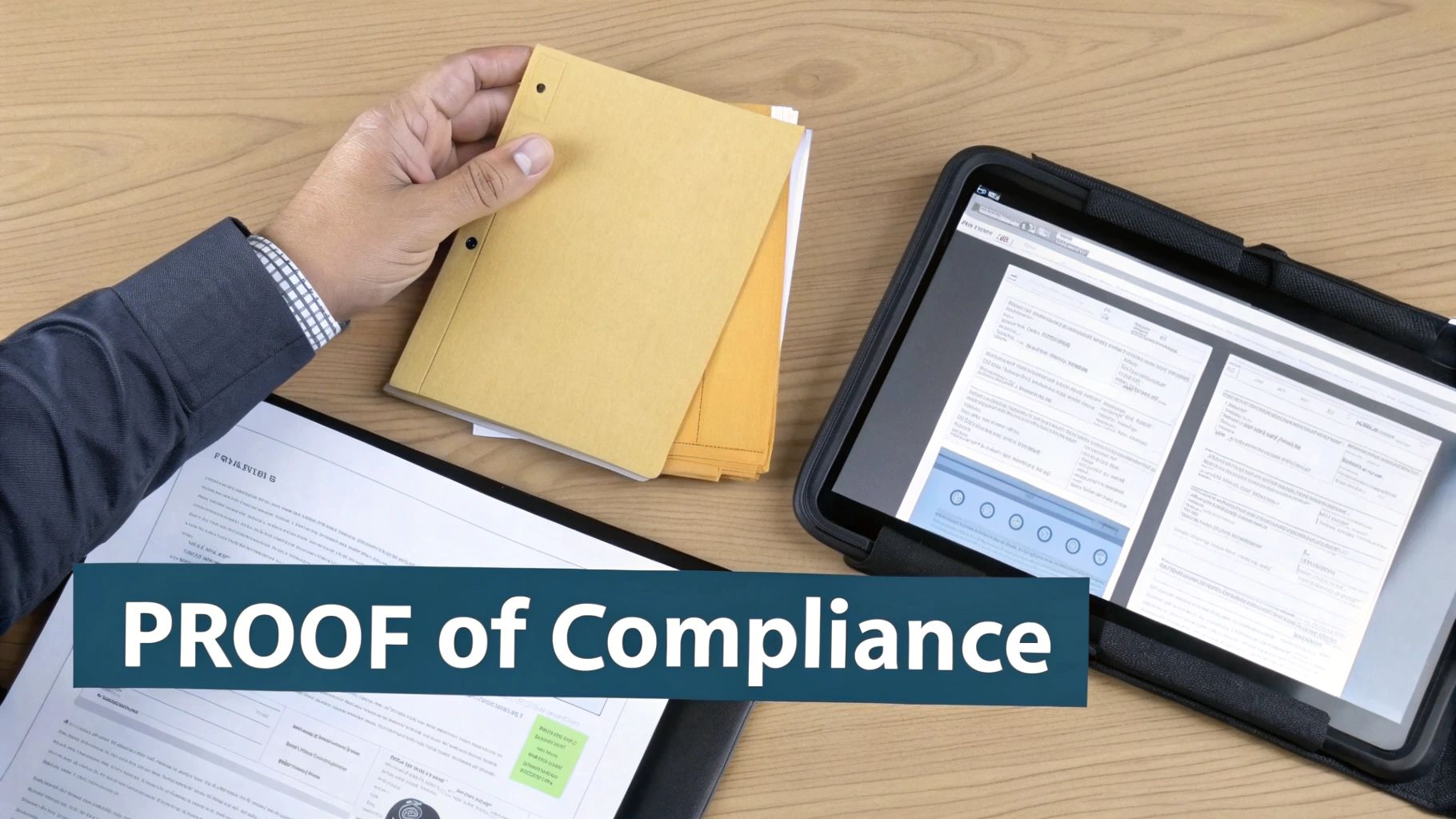 Person's hand holding folders next to a tablet displaying digital compliance documents and physical papers.