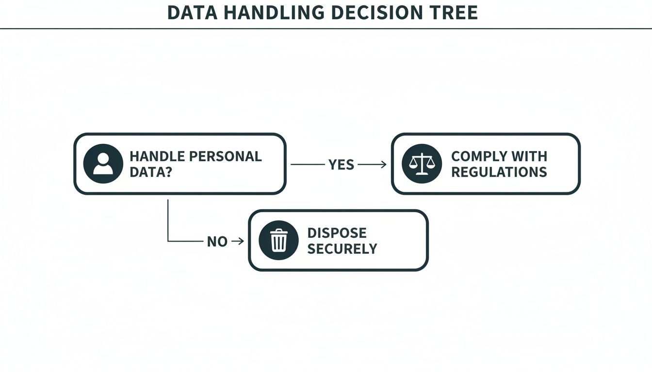 A data handling decision tree flowchart guiding through steps: 'Handle personal data?' leads to 'Comply with regulations' (Yes) or 'Dispose securely' (No).