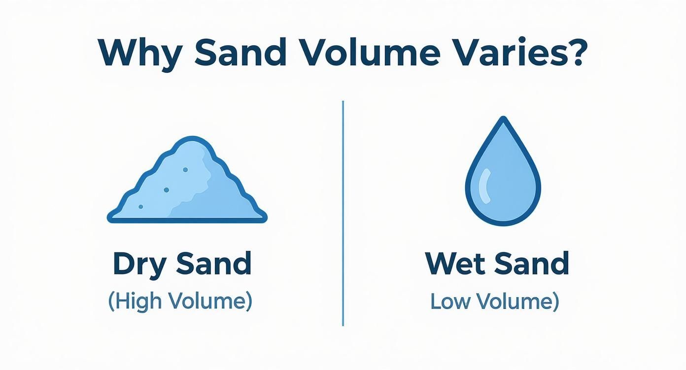 Infographic about 1 tonne of sand showing that dry sand has a higher volume than an equal weight of wet sand.