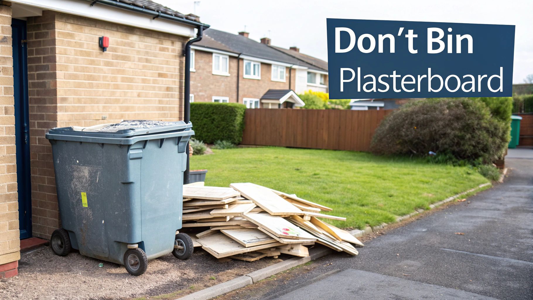 Piles of broken plasterboard ready for disposal.