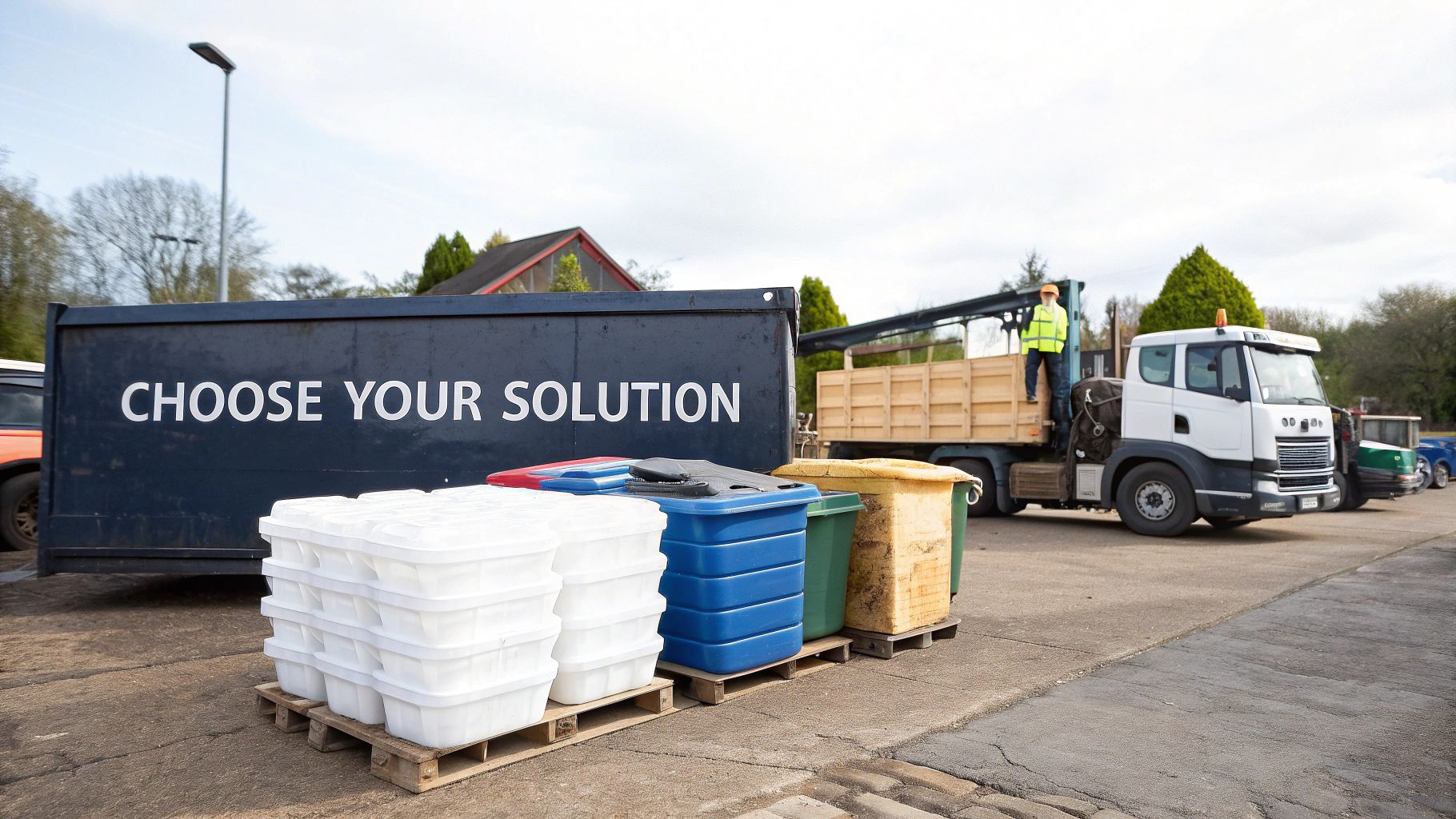 Recycling center with a large bin labeled 'CHOOSE YOUR SOLUTION' and various stacked recycling containers.