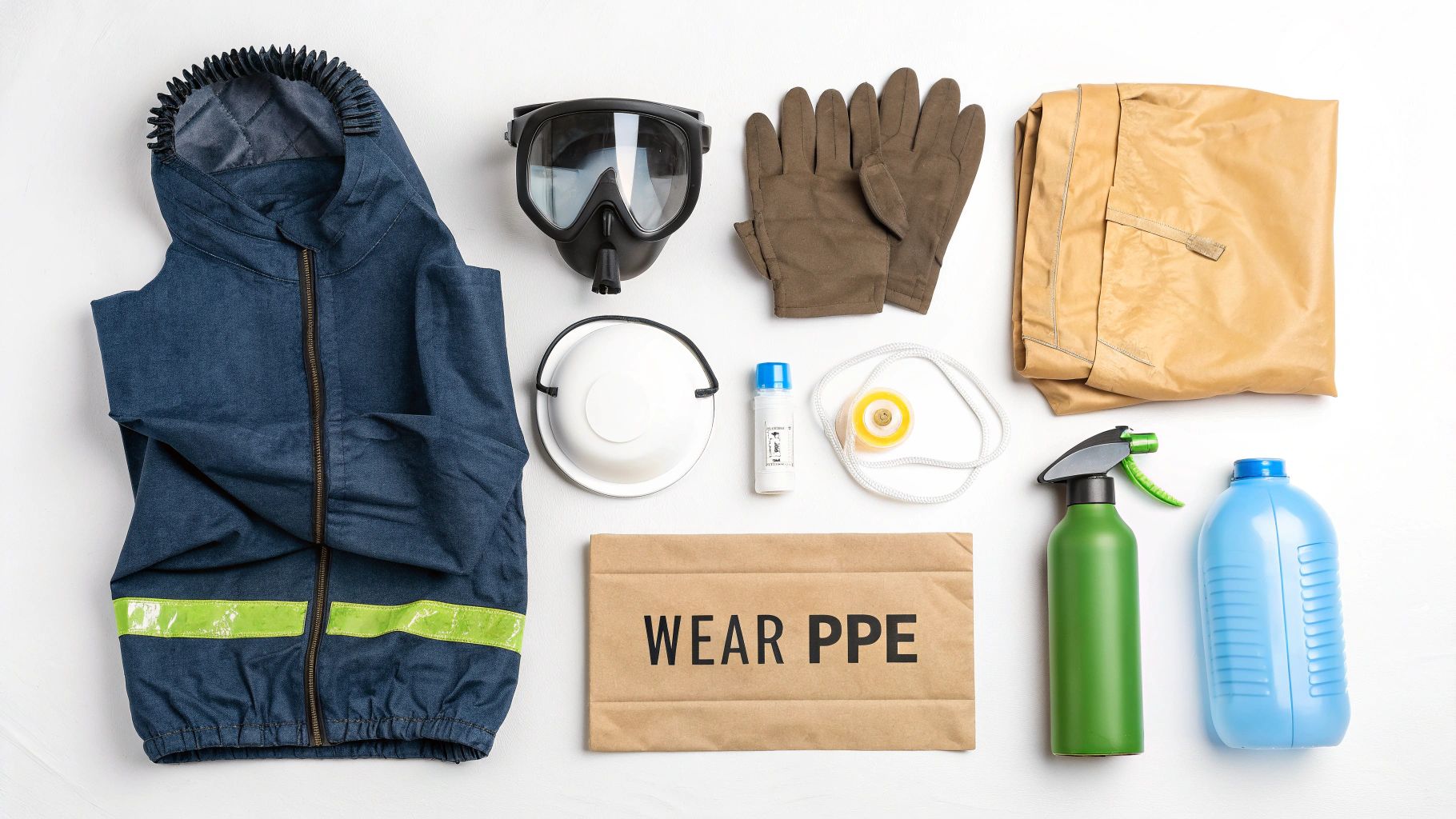 A person in full protective gear, including a respirator and coveralls, preparing for asbestos removal.