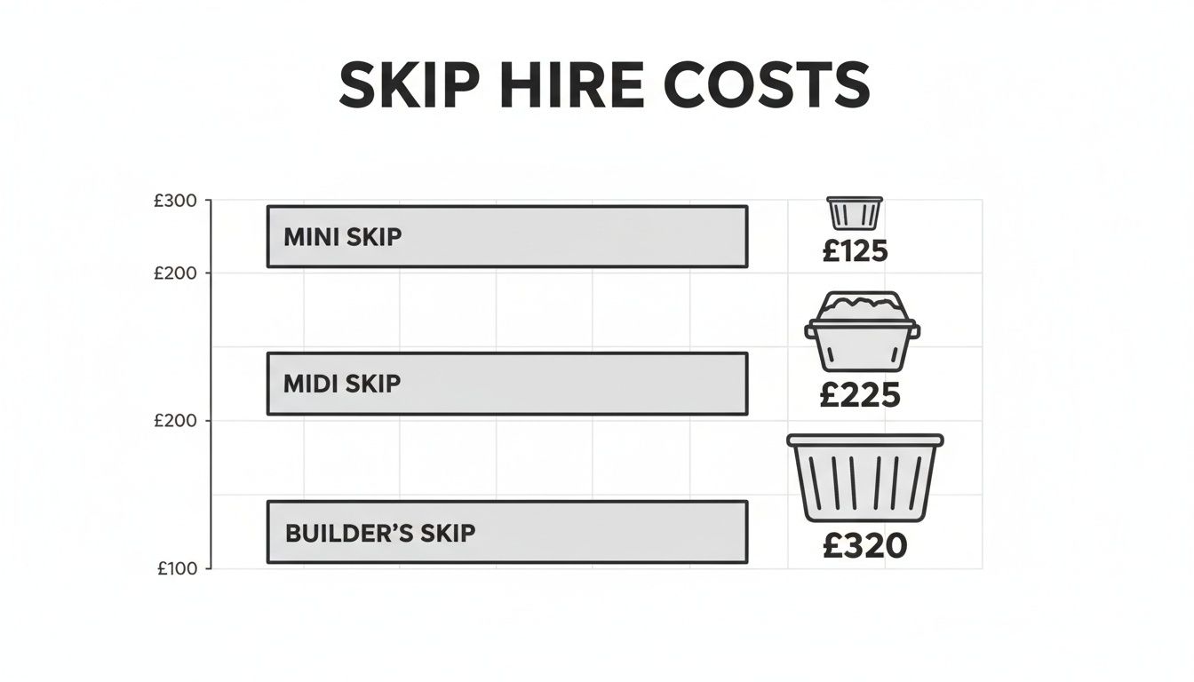 Bar chart illustrating skip hire costs for Mini, Midi, and Builder's skips, with prices listed.