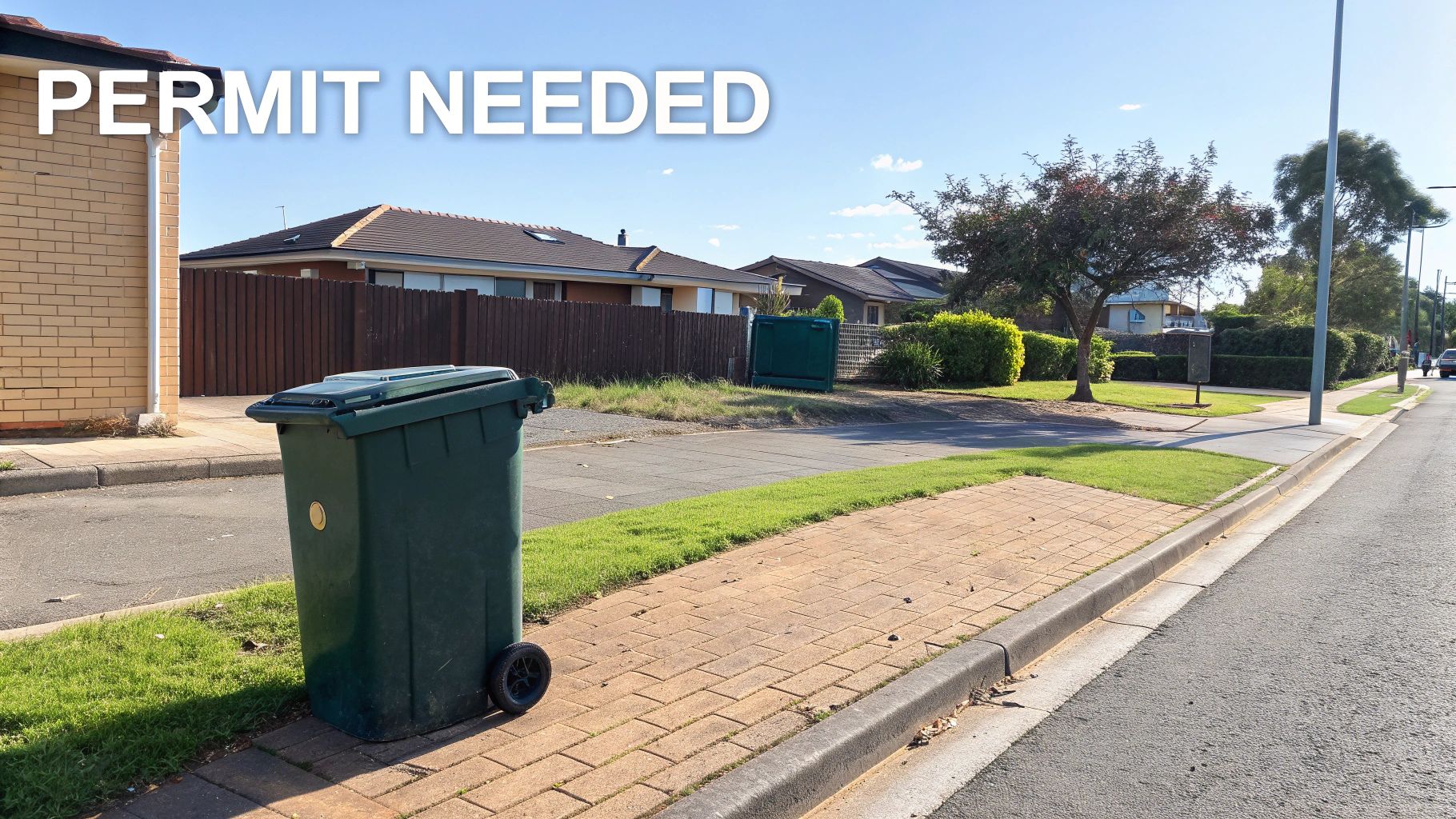 A green wheelie bin sits on a paved footpath next to a street in a suburban neighborhood.