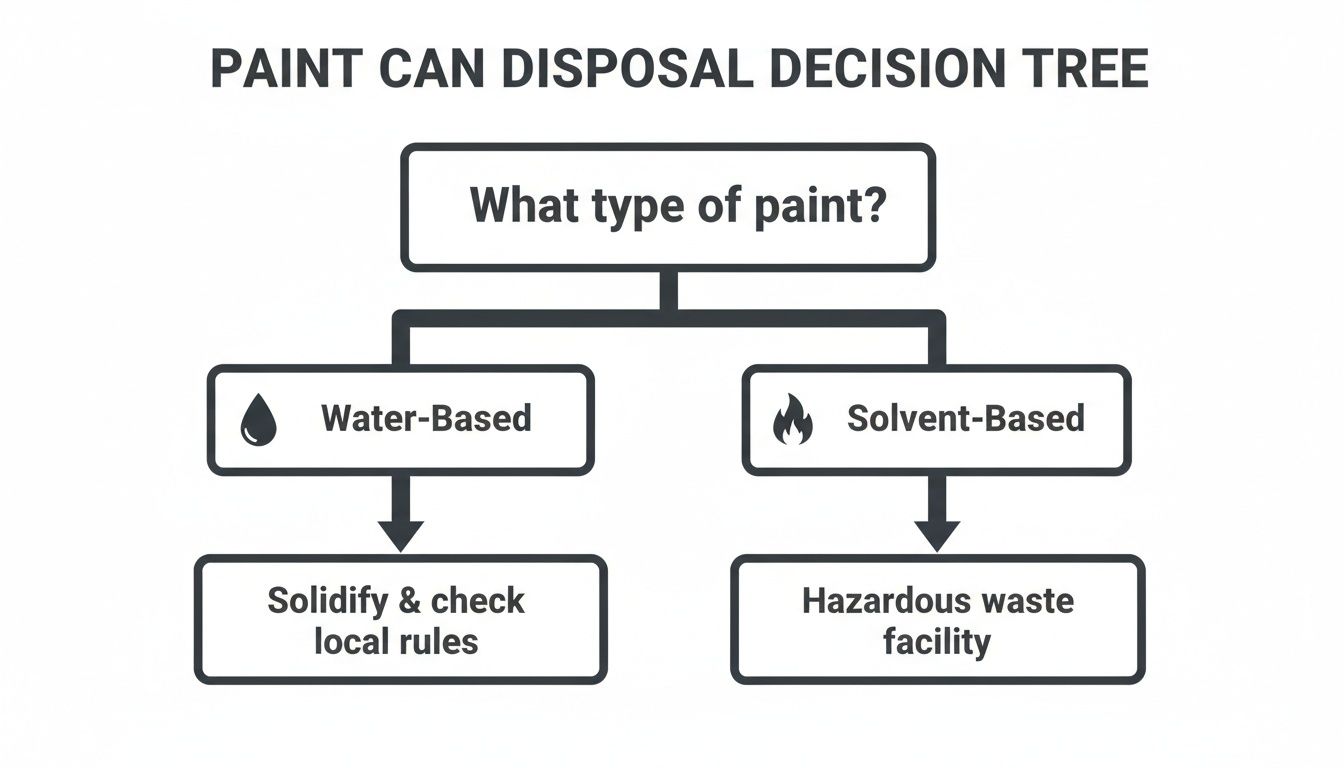 Decision tree illustrating how to dispose of paint cans based on whether paint is water or solvent-based.