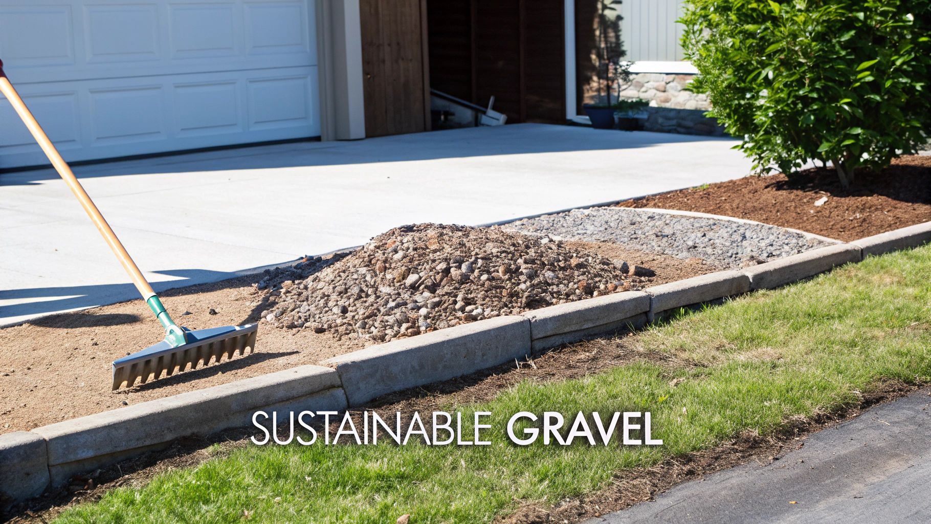 A rake rests on ground near a pile of sustainable gravel being installed next to a concrete driveway and curb.