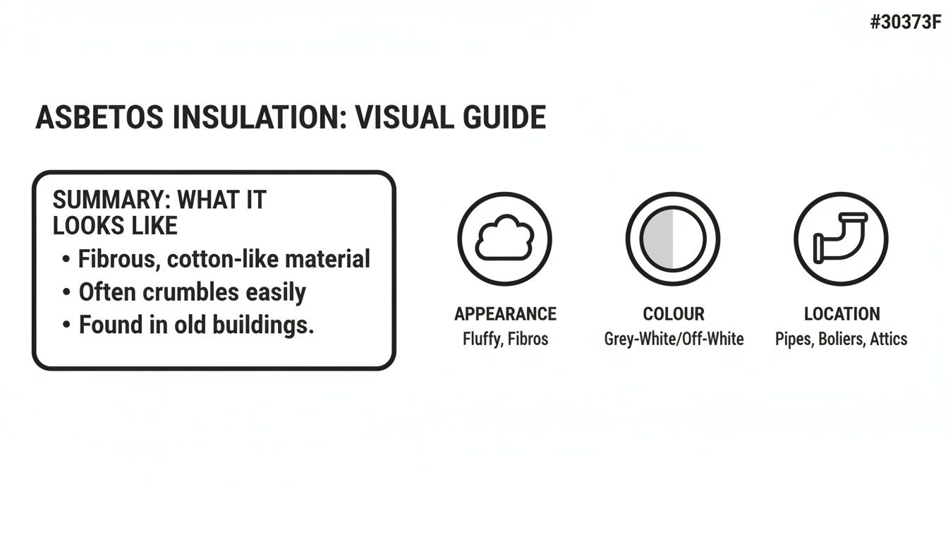 A visual guide to asbestos insulation, detailing its fibrous, cotton-like appearance, grey-white color, and common locations.