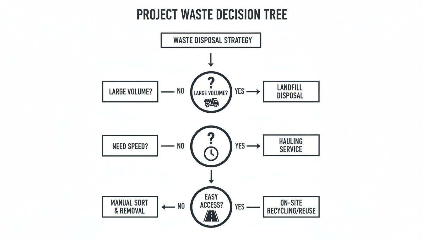 A project waste decision tree flowchart guiding waste disposal strategies based on volume, speed, and site access.