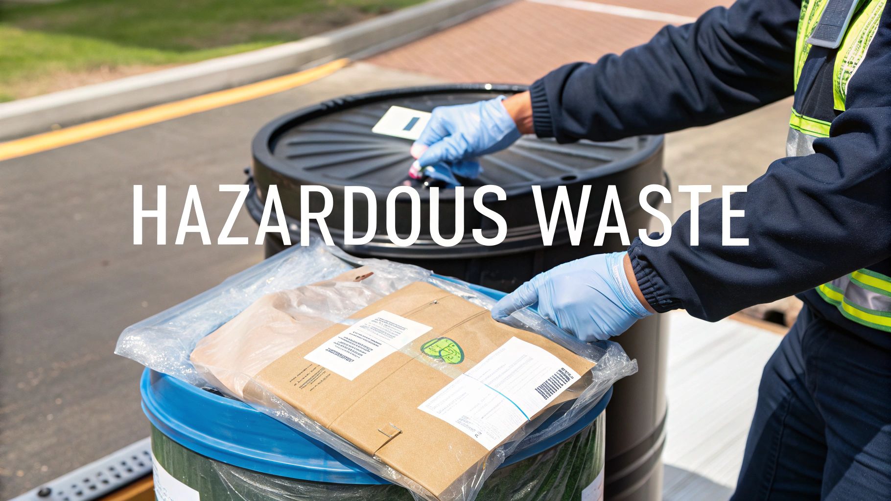 A person in blue gloves handles hazardous waste, placing items into barrels for proper disposal.