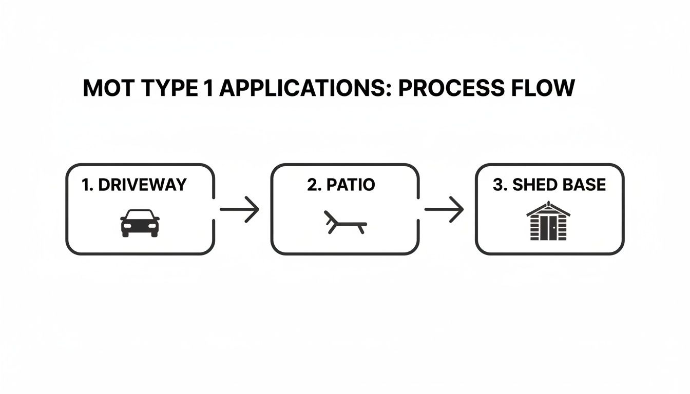 A process flow diagram for MOT Type 1 applications, showing steps: Driveway, Patio, and Shed Base.