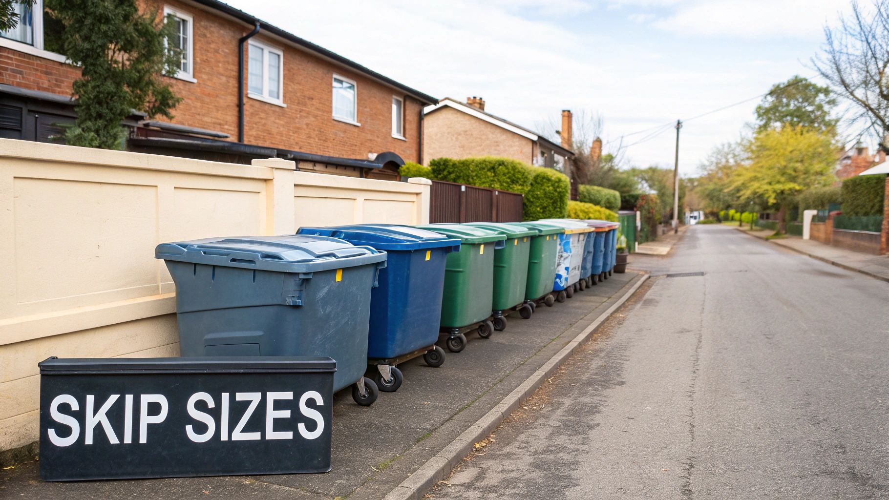 A skip placed on a public road in Dorset with a safety cone next to it.