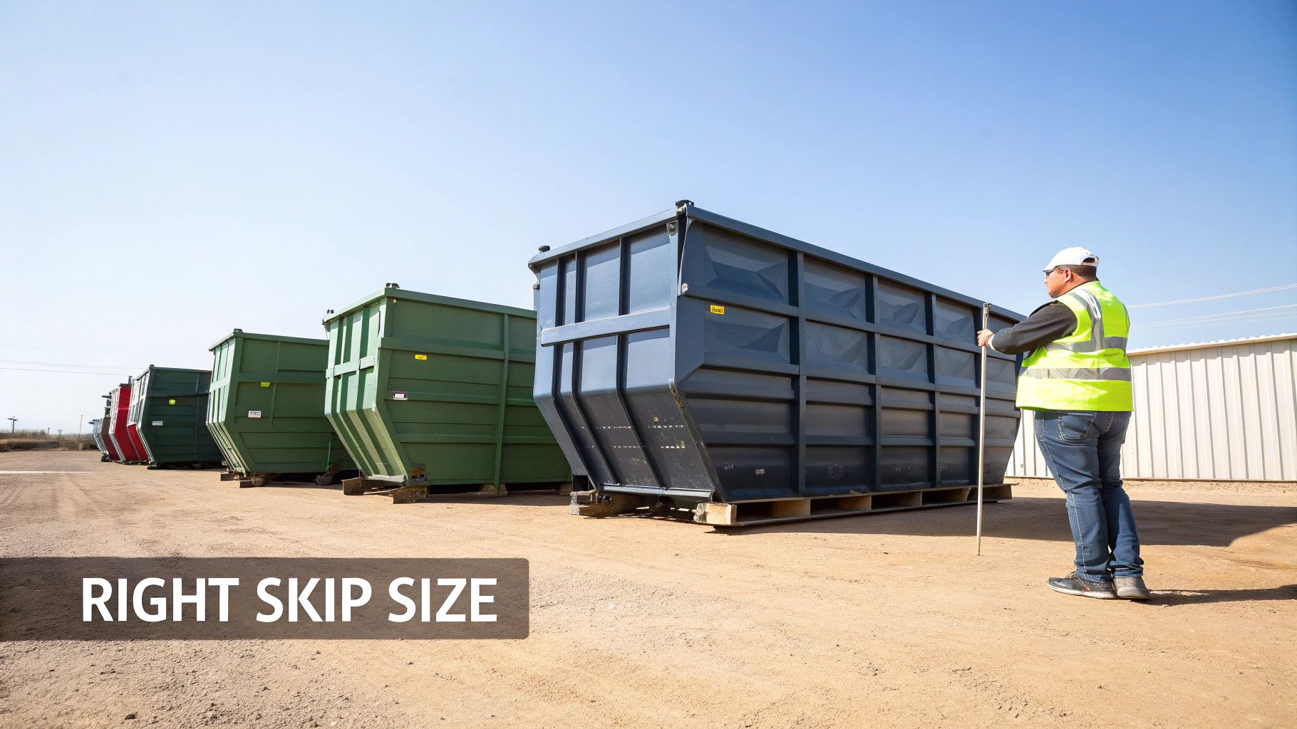 A man in a high-vis vest stands next to multiple large roll-on/roll-off skip containers of various sizes.