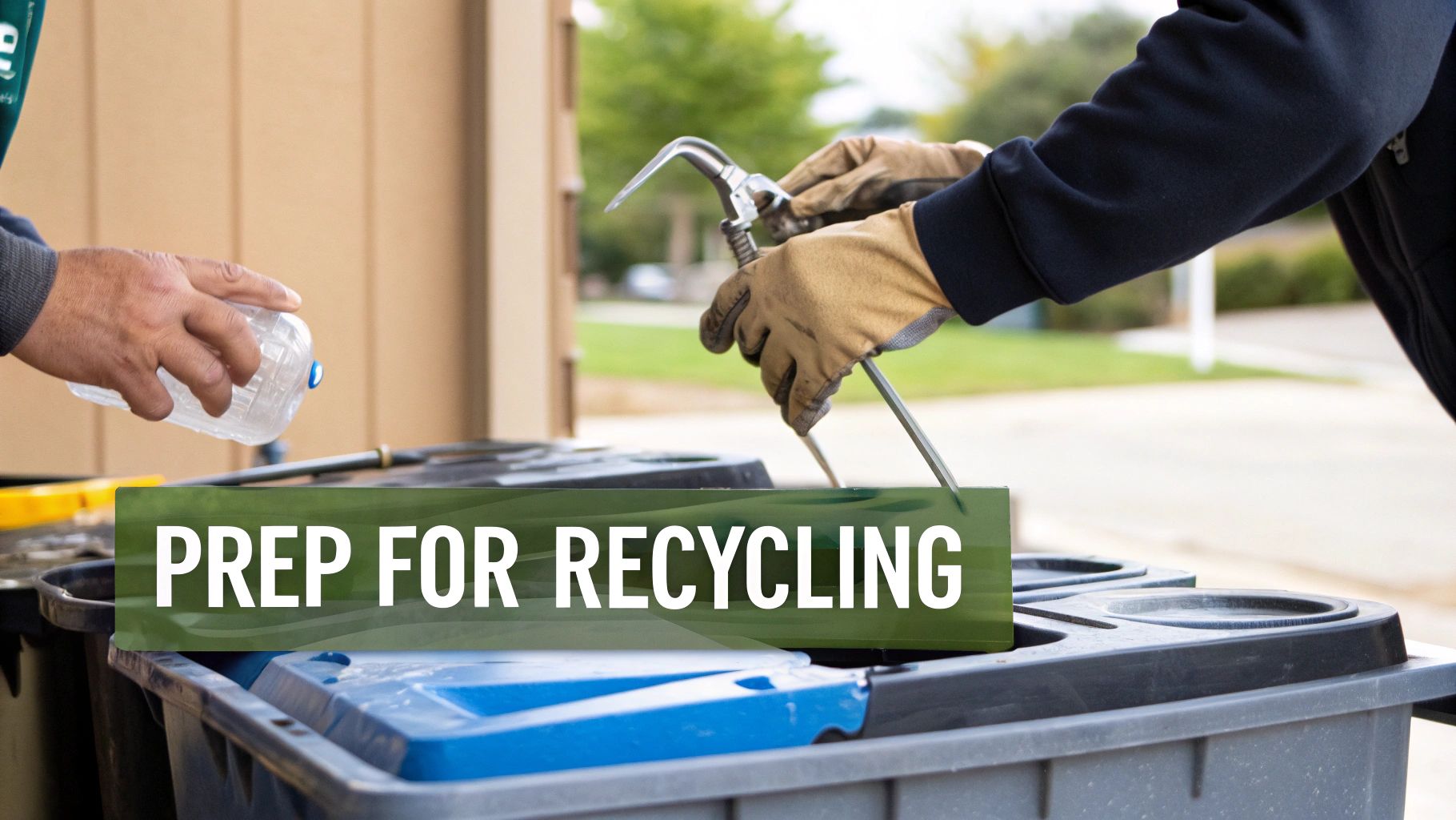 Two people prepare a plastic bottle and a metal tool for recycling into various bins.