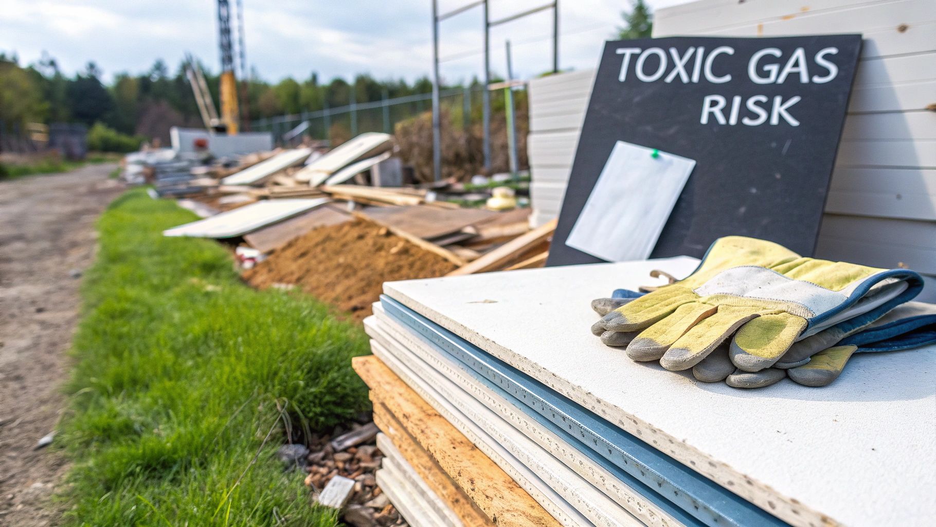 Piles of broken plasterboard ready for disposal