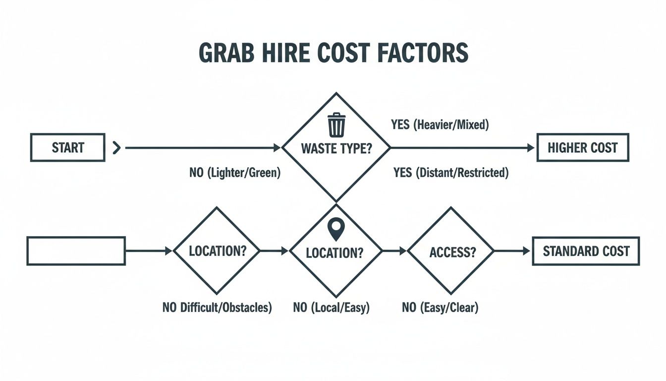 Flowchart illustrating grab hire cost factors based on waste type, location, and access, leading to higher or standard costs.