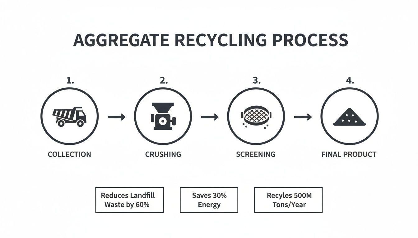 An infographic illustrating the aggregate recycling process steps, including collection, crushing, screening, and final product, along with environmental benefits.