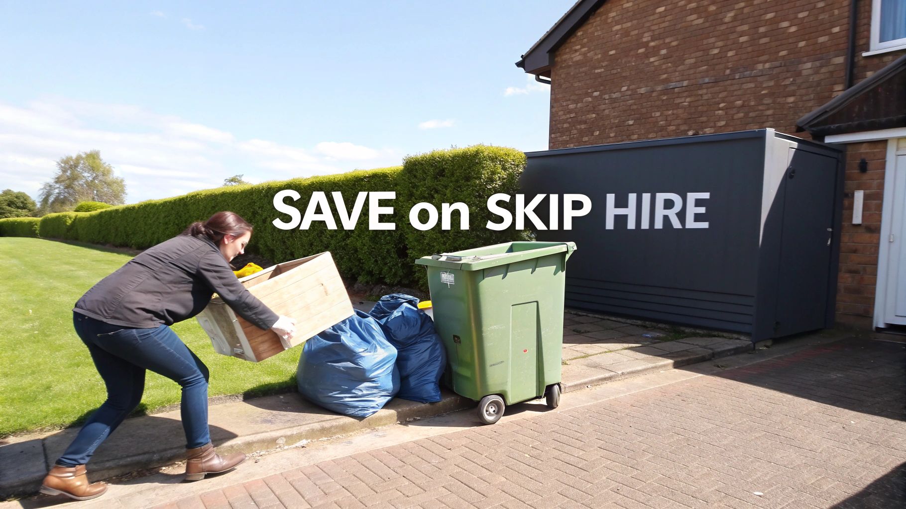 A woman carries a wooden crate towards a bin and trash bags, with 'SAVE on SKIP HIRE' text.