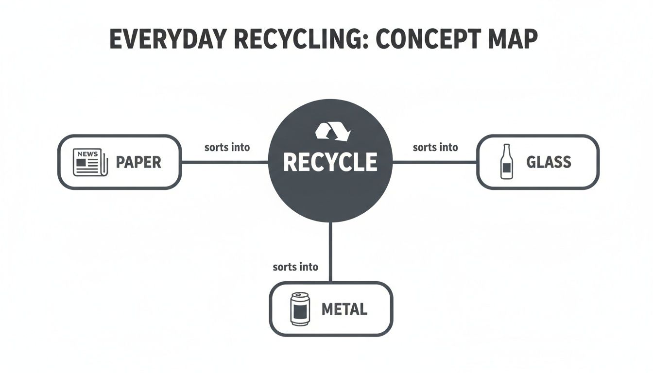 A concept map titled 'Everyday Recycling' showing paper, glass, and metal sorted into a central 'Recycle' node.