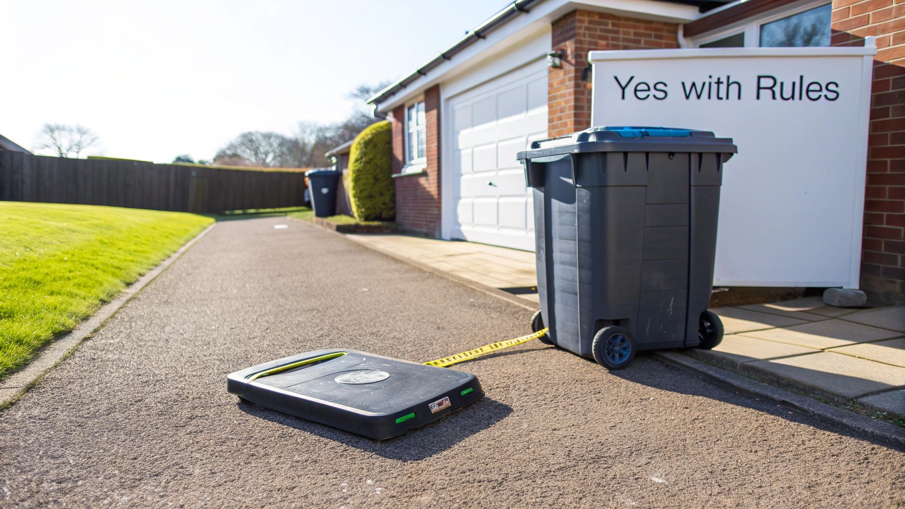 A grey wheelie bin connected by a measuring tape to a flat object on a paved driveway.