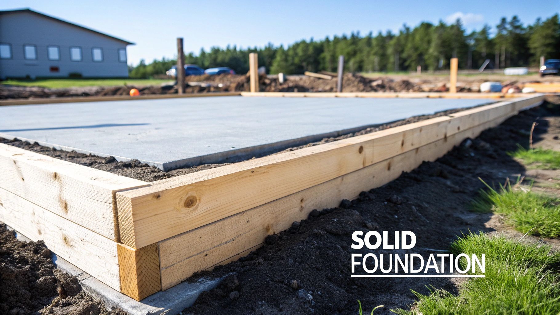 Close-up of a freshly poured concrete foundation with wooden formwork on a construction site.