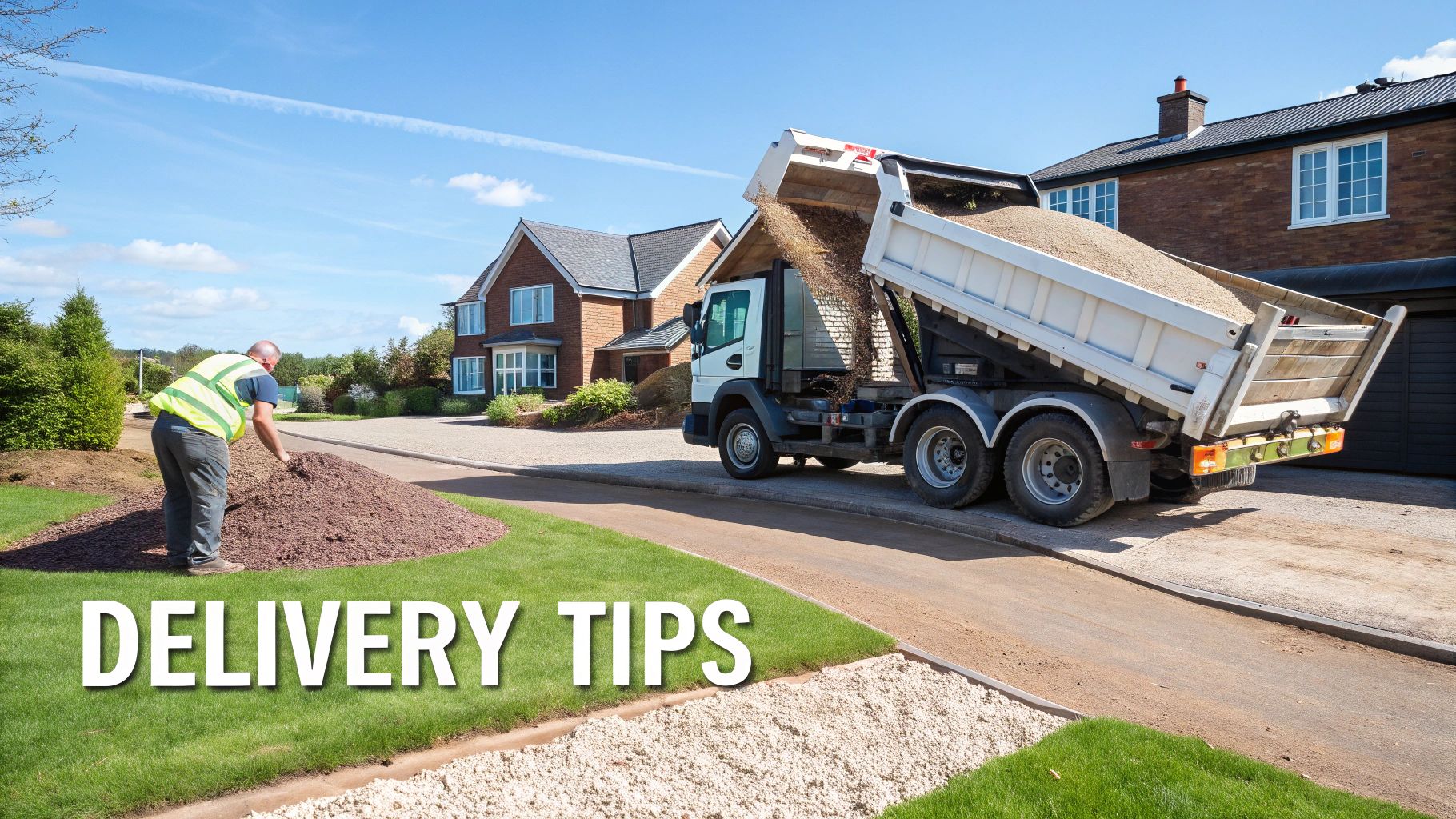 A dump truck delivers gravel to a residential driveway, while a worker spreads mulch for landscaping.