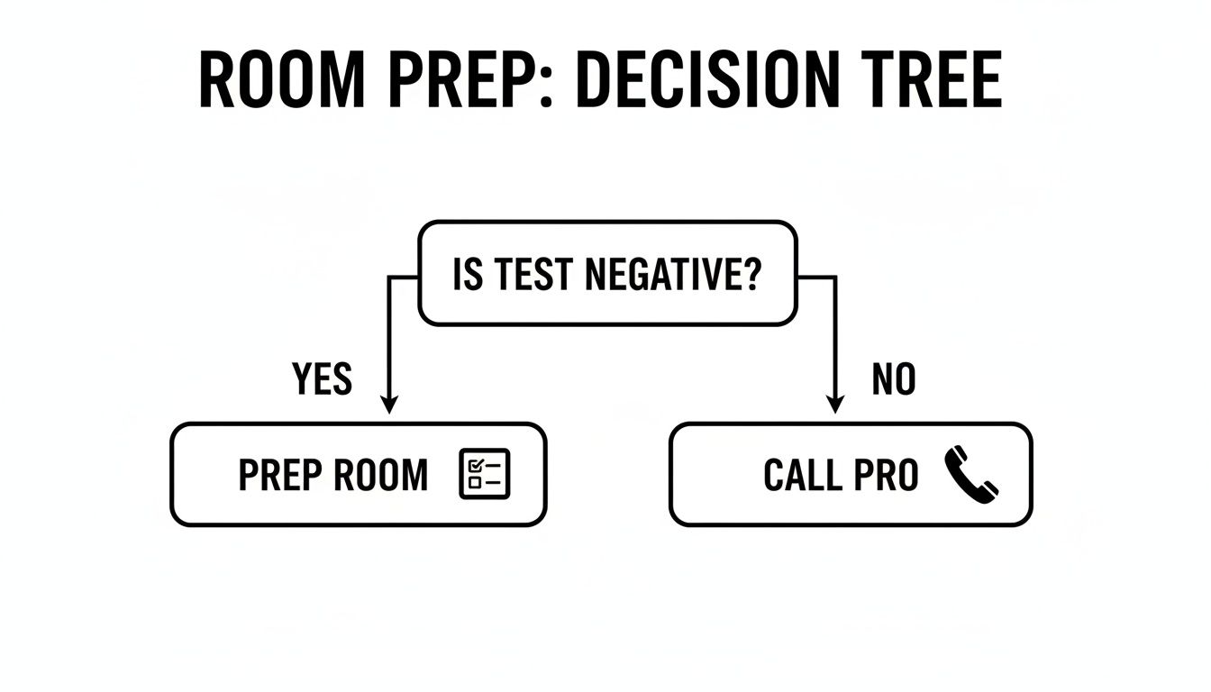 A decision tree flowchart for room preparation based on a negative test result.