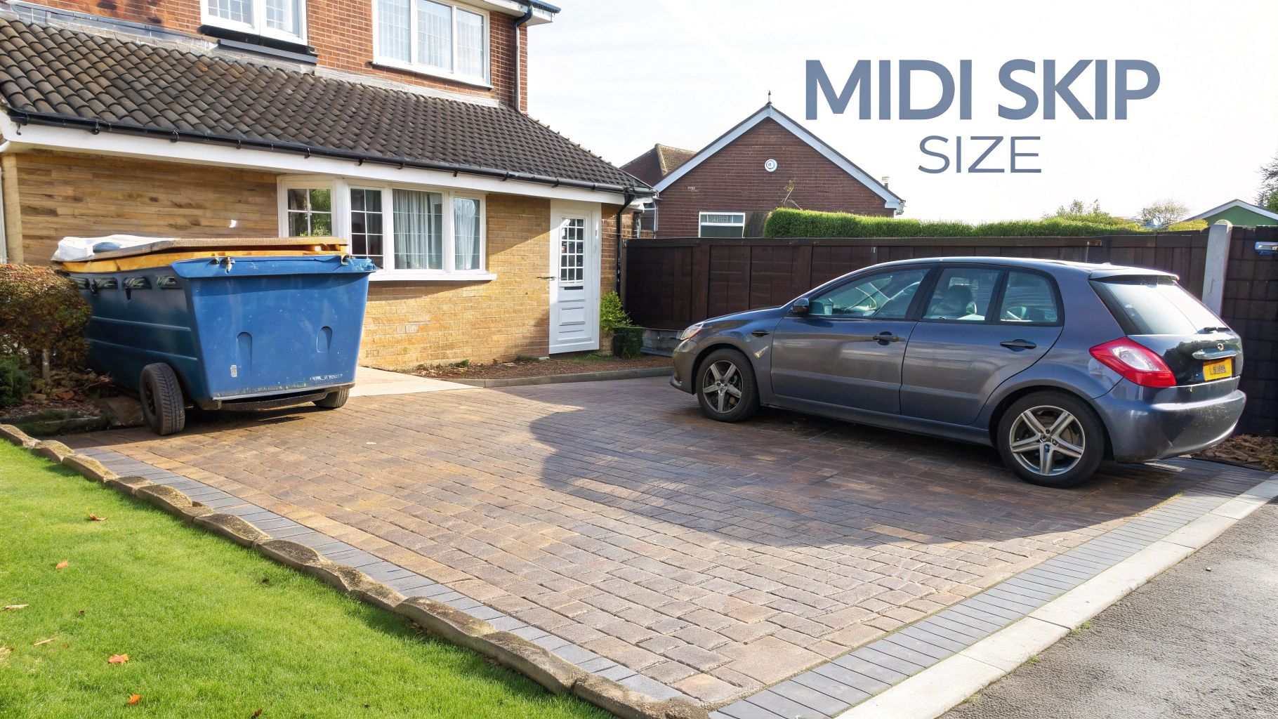 A 4-yard skip being delivered to a residential driveway.