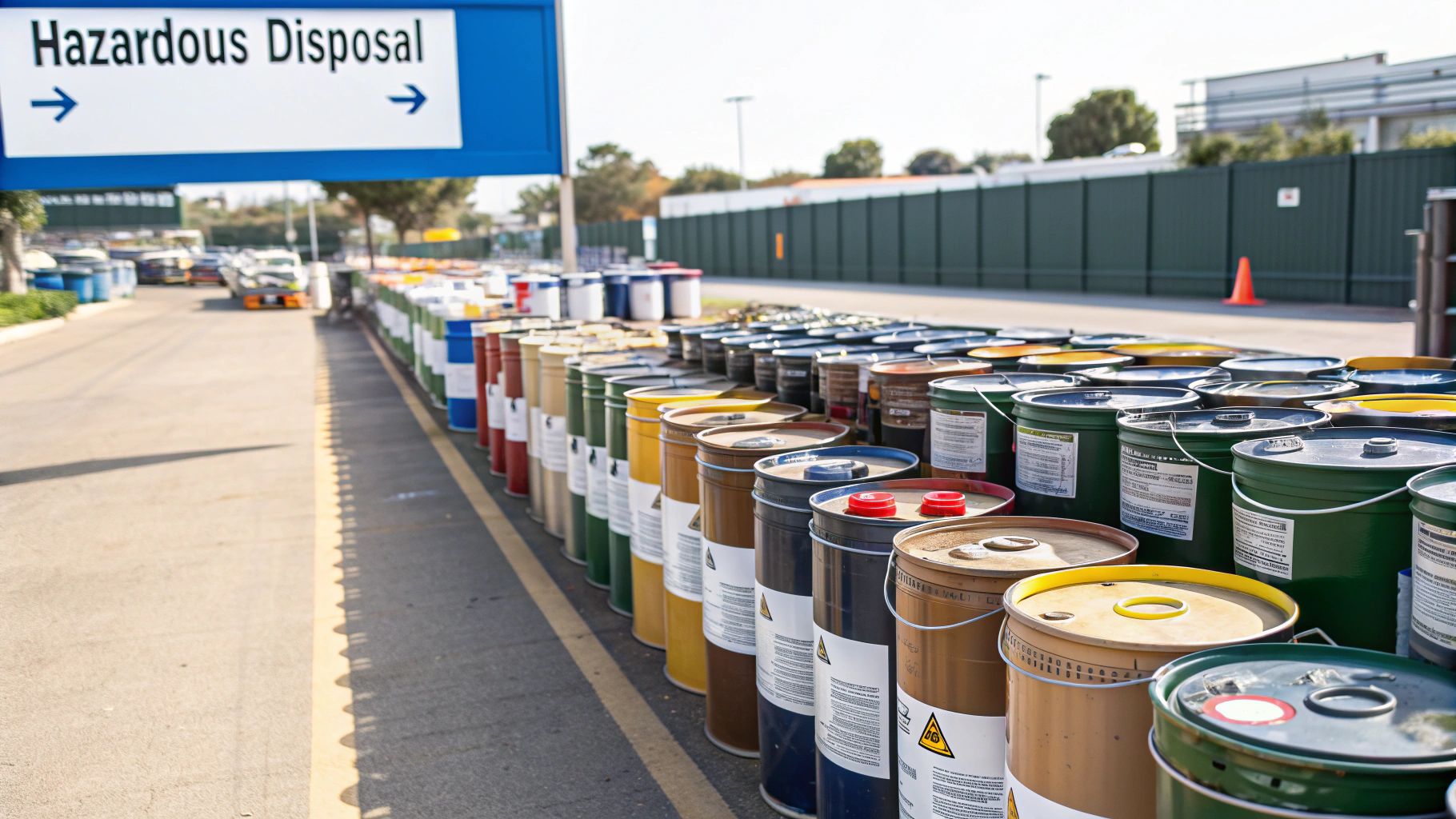 A collection of hazardous waste items including paint cans and chemicals.