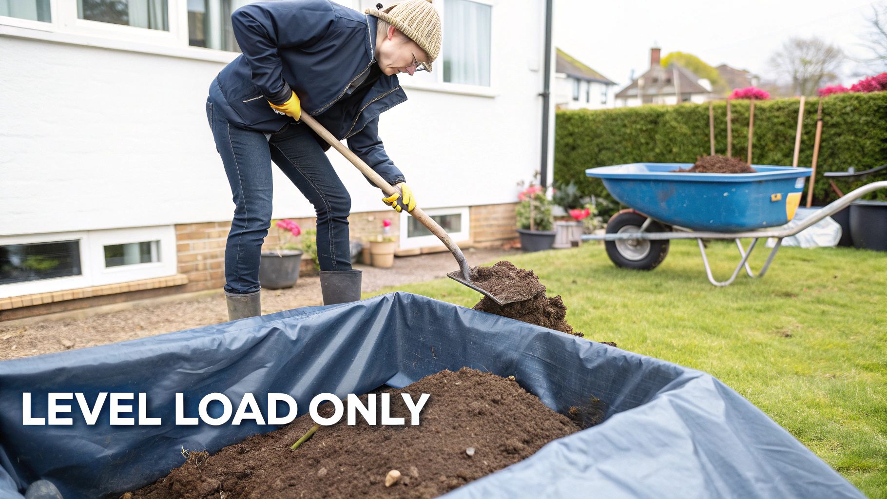 A person in yellow gloves shoveling soil into a large blue skip, with a wheelbarrow nearby.