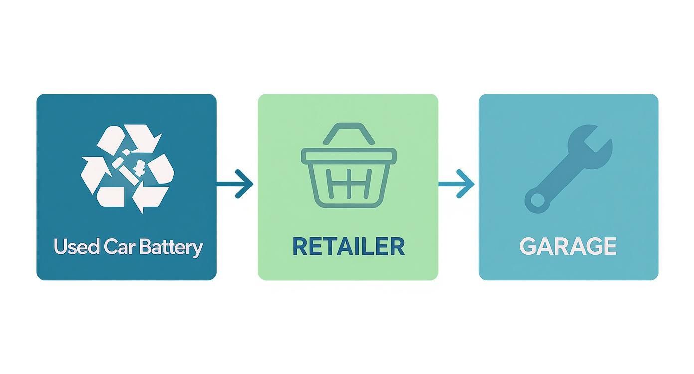 Flowchart showing the journey of a used car battery from recycling to retailer and garage.