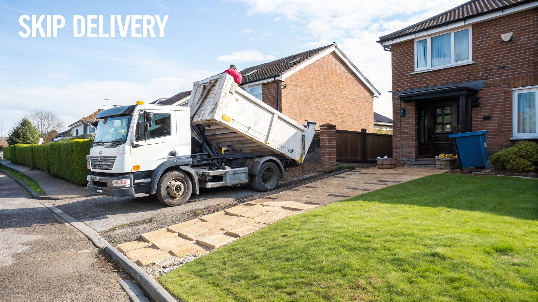 A skip delivery lorry placing a 4 yard skip onto a driveway.