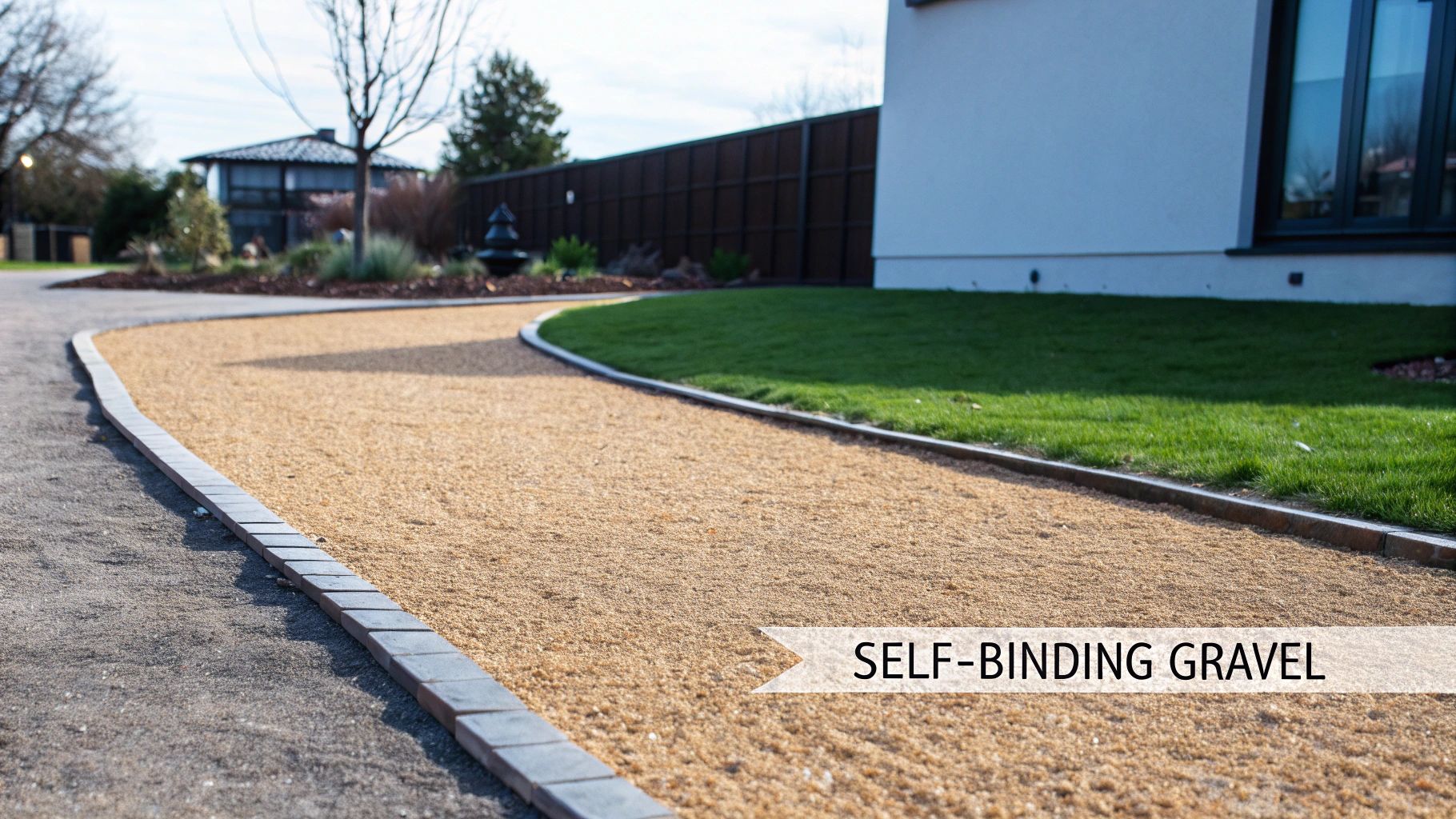 A beautifully curved self-binding gravel path bordered by paving and a lush green lawn.