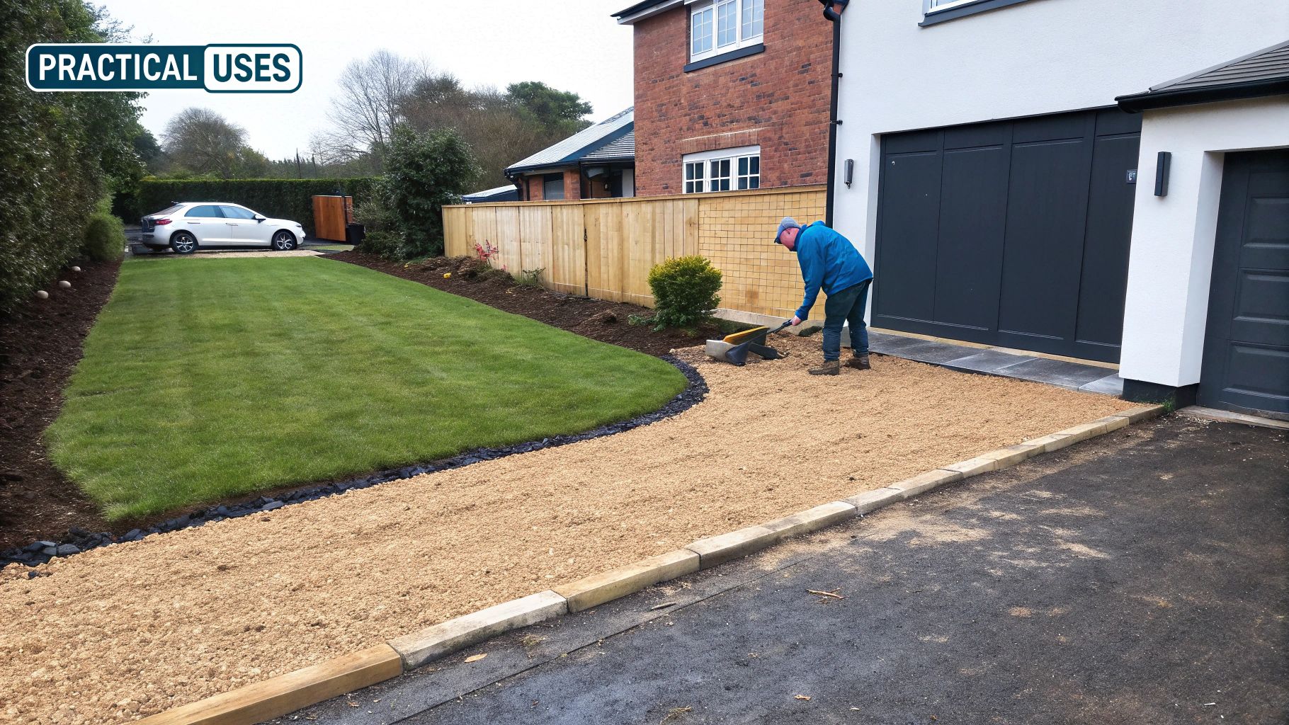 A person uses a shovel to spread gravel on a newly constructed driveway next to a green lawn.