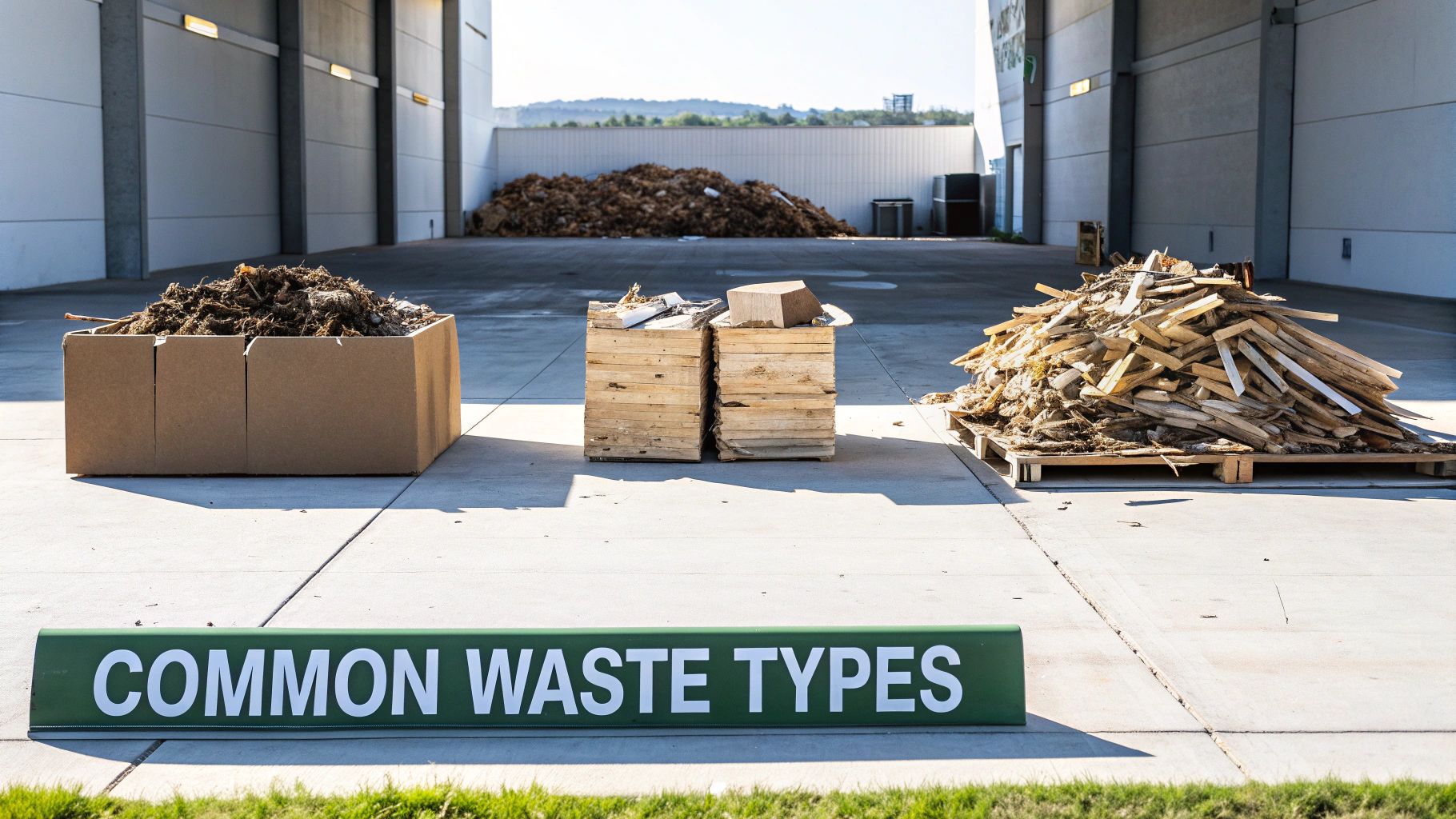 Different types of common waste, including organic matter and wood scraps, displayed at a facility.
