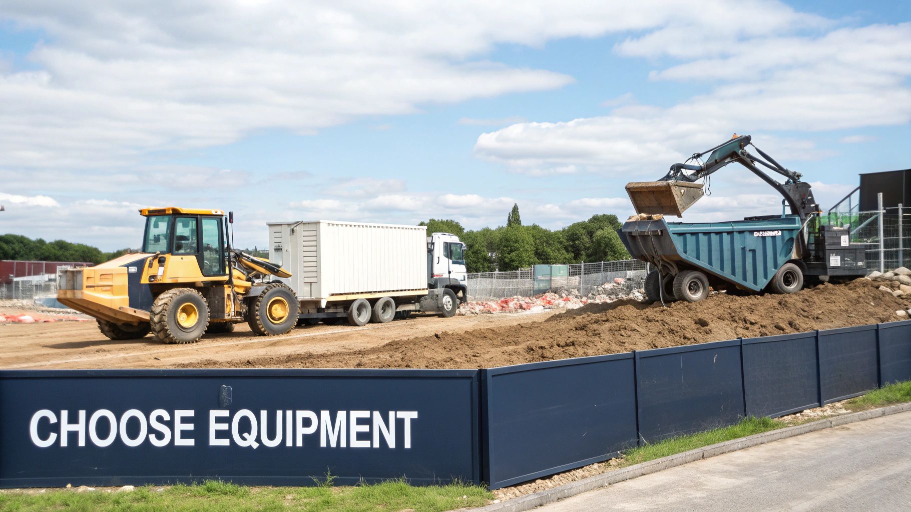 Construction site with a yellow wheel loader, truck, and excavator loading a dumper next to a fence.