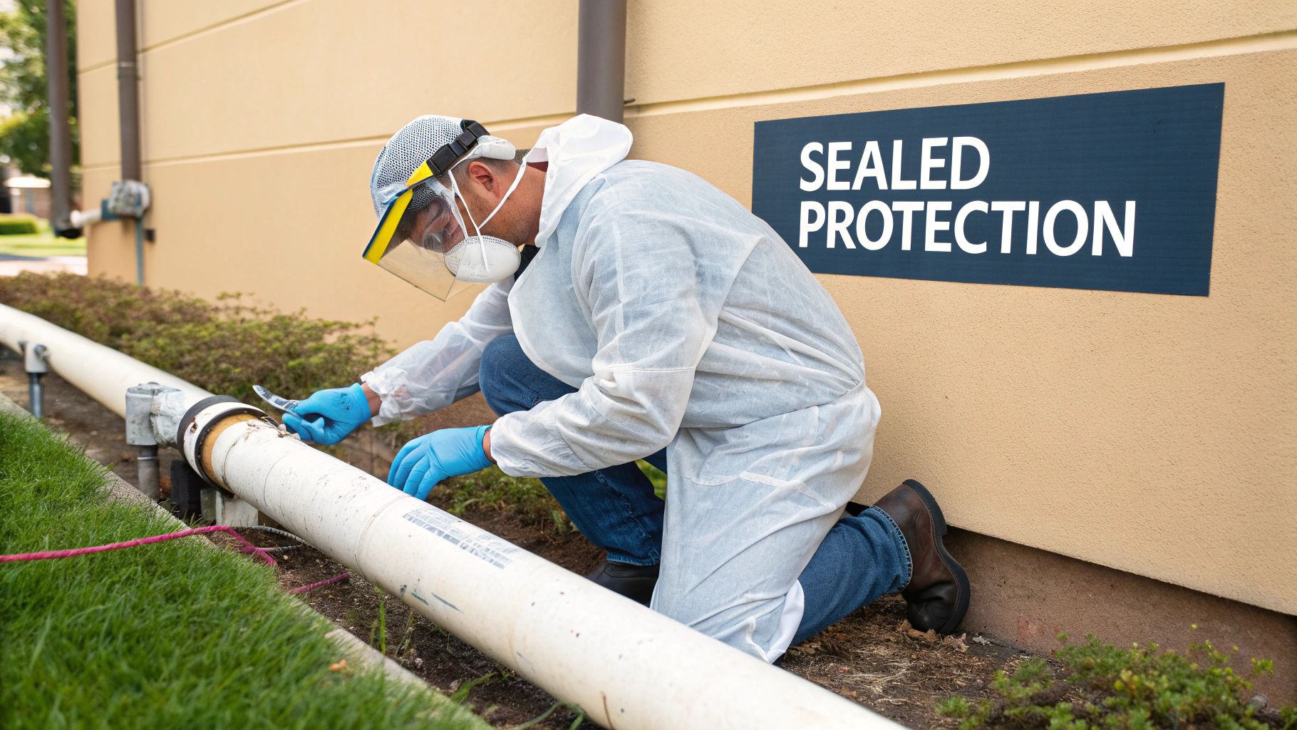 A worker in full PPE inspects an outdoor pipe next to a building with a 'SEALED PROTECTION' sign.