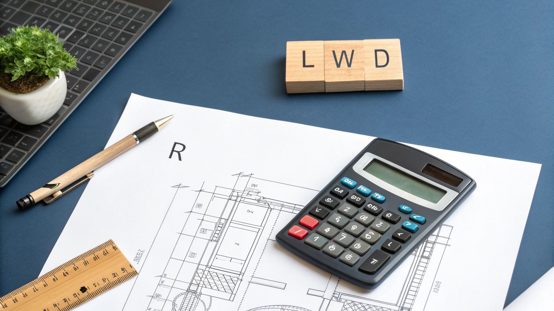 A person using a calculator with construction plans in the background