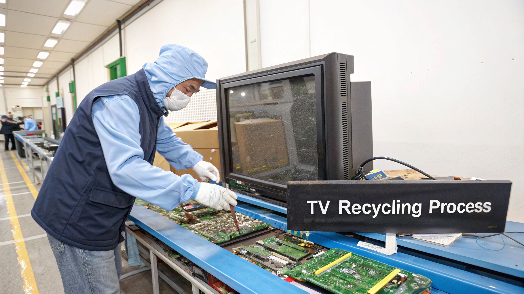 A worker in protective gear disassembles electronic components from an old TV on a recycling conveyor belt.