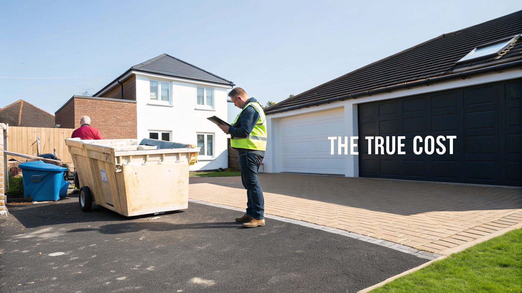 Two men, one in a high-vis vest looking at a tablet, stand beside a large skip in a residential driveway.