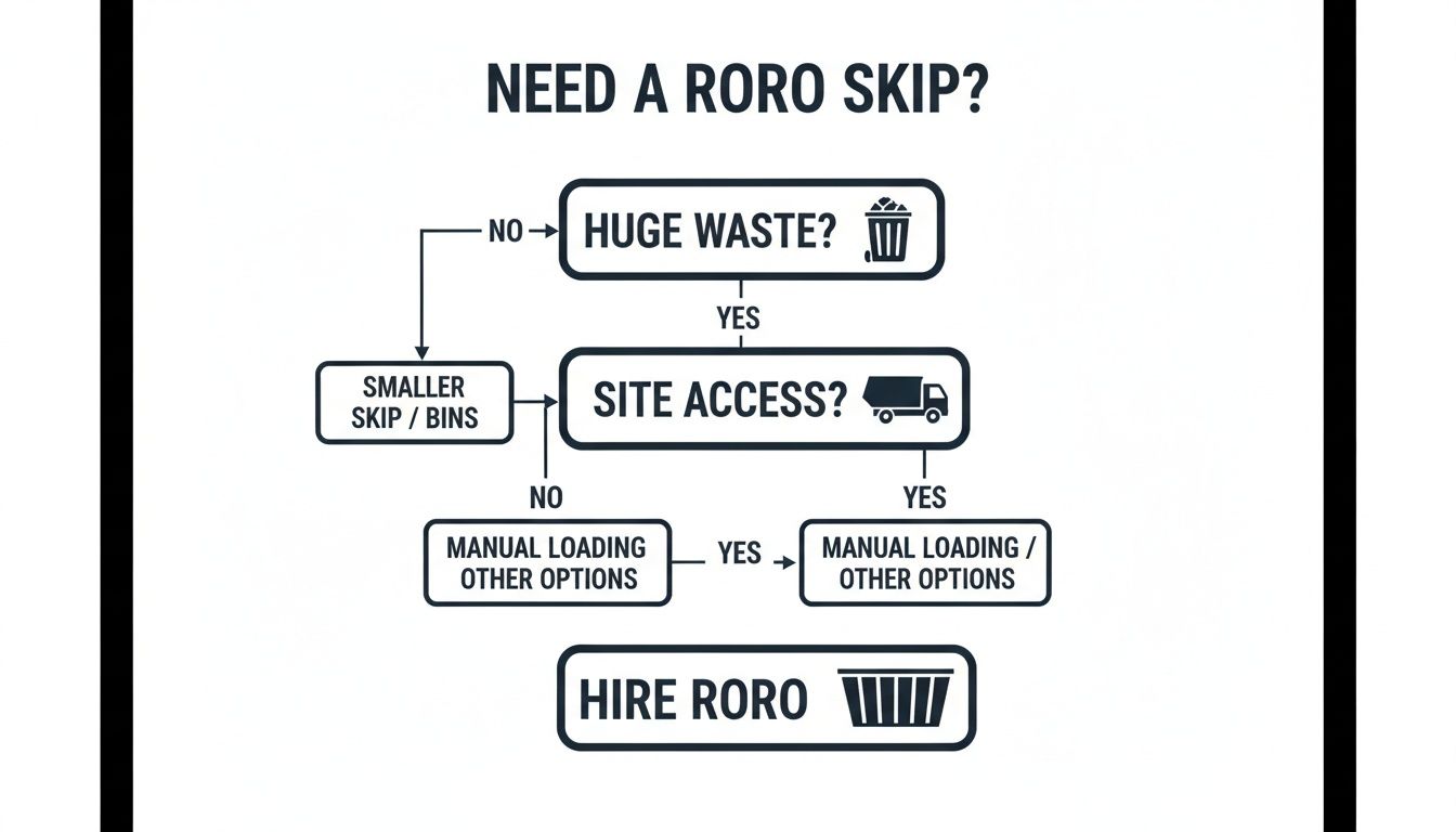 Flowchart guiding users on when to hire a RORO skip based on waste volume and site access.