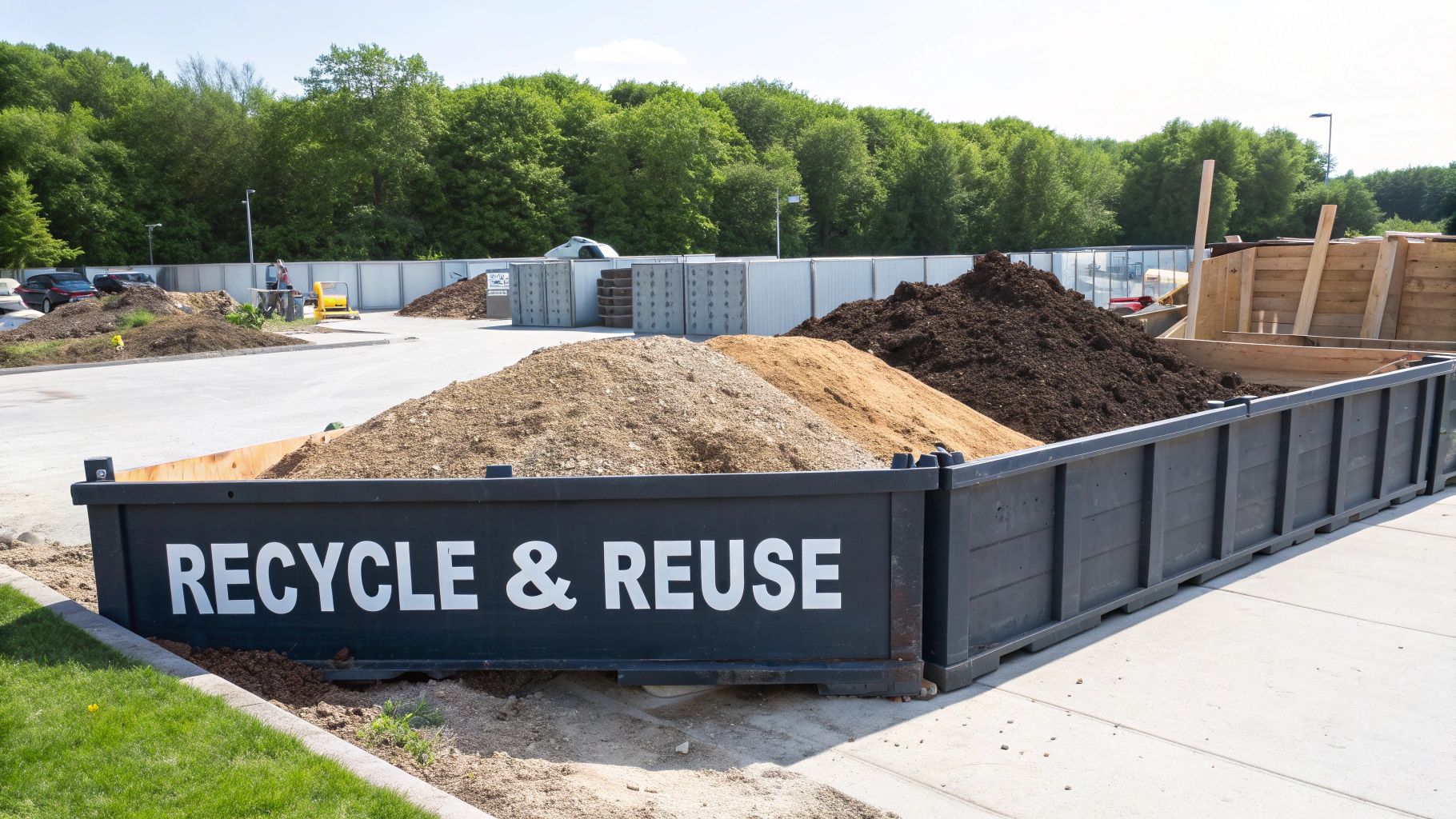 A large 'RECYCLE & REUSE' container holds piles of sand, soil, and compost at a waste facility.