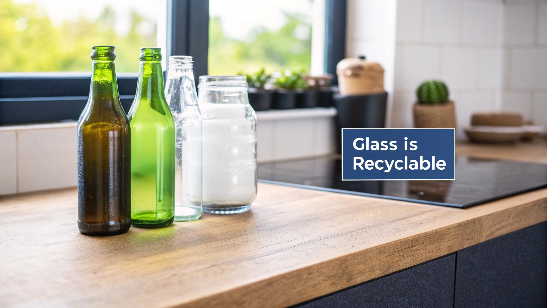 A collection of glass bottles and a jar on a wooden kitchen counter, reminding that glass is recyclable.
