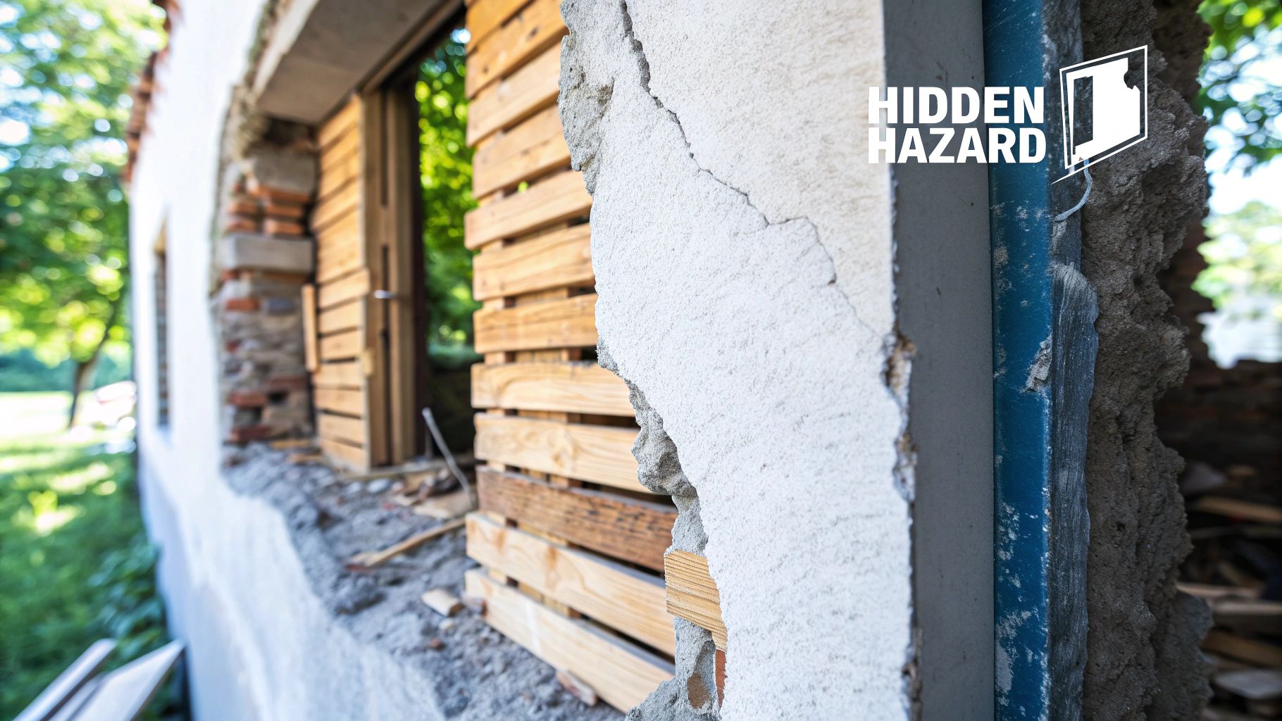 A severely cracked building wall showing crumbling plaster, exposed bricks, and wooden lath, with a 'HIDDEN HAZARD' logo.