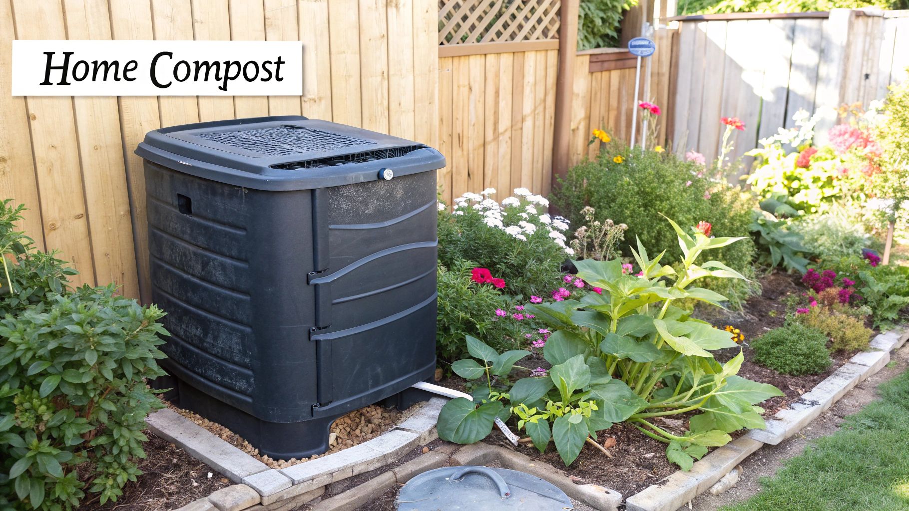 A person adding green garden clippings to a wooden compost bin