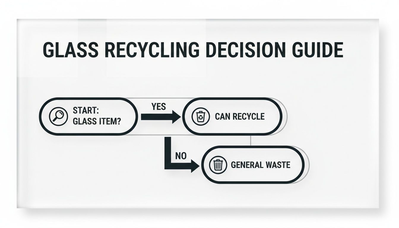 A simple flowchart guides on glass recycling: Is it a glass item? Yes, recycle. No, general waste.