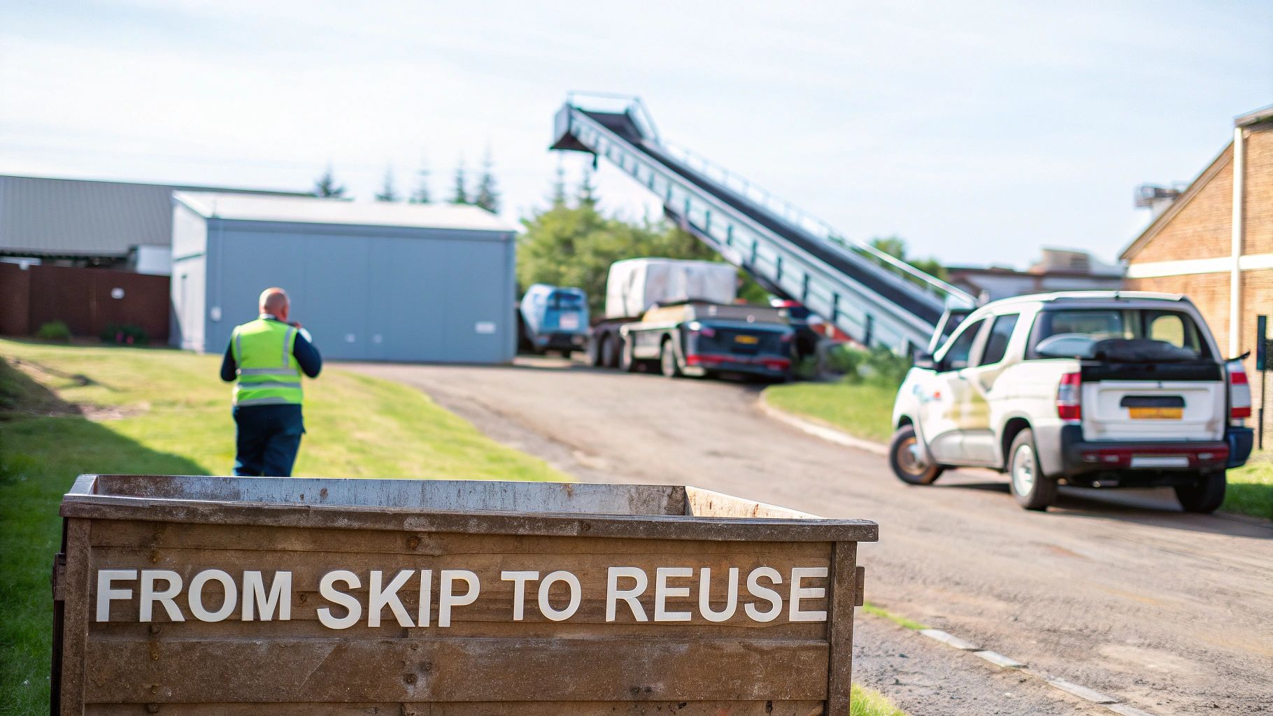 A wooden skip reads 'FROM SKIP TO REUSE' at a recycling facility with a worker and conveyor.