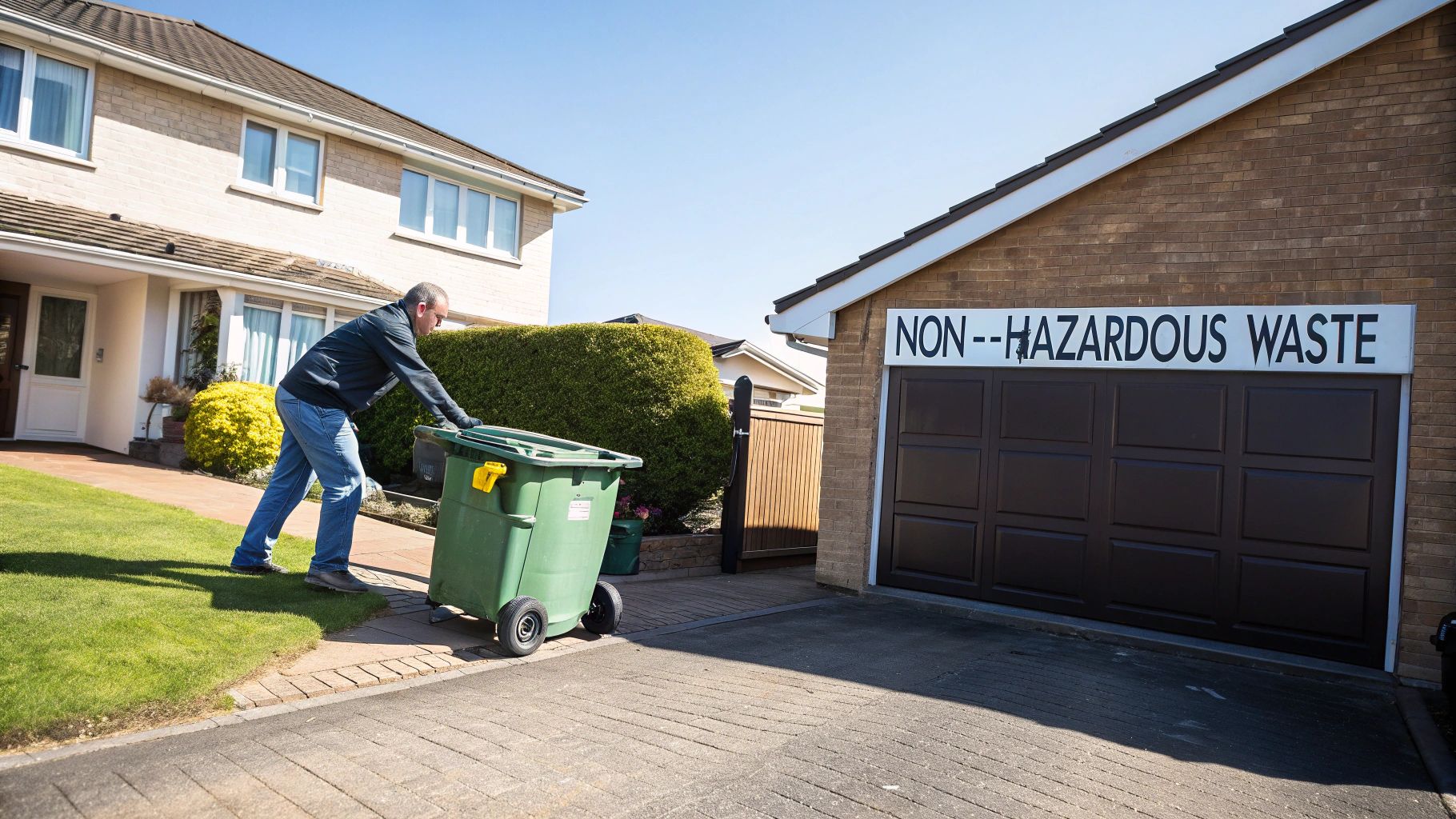 A man pushes a green wheelie bin on a sunny residential street with a 'NON-HAZARDOUS WASTE' sign on a garage.
