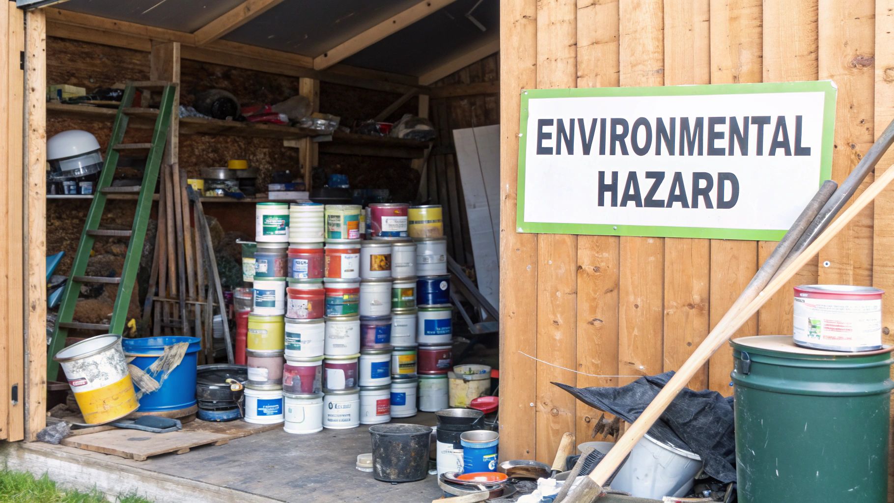 A stack of colourful old paint tins with drips and labels, stored in a shed or garage.